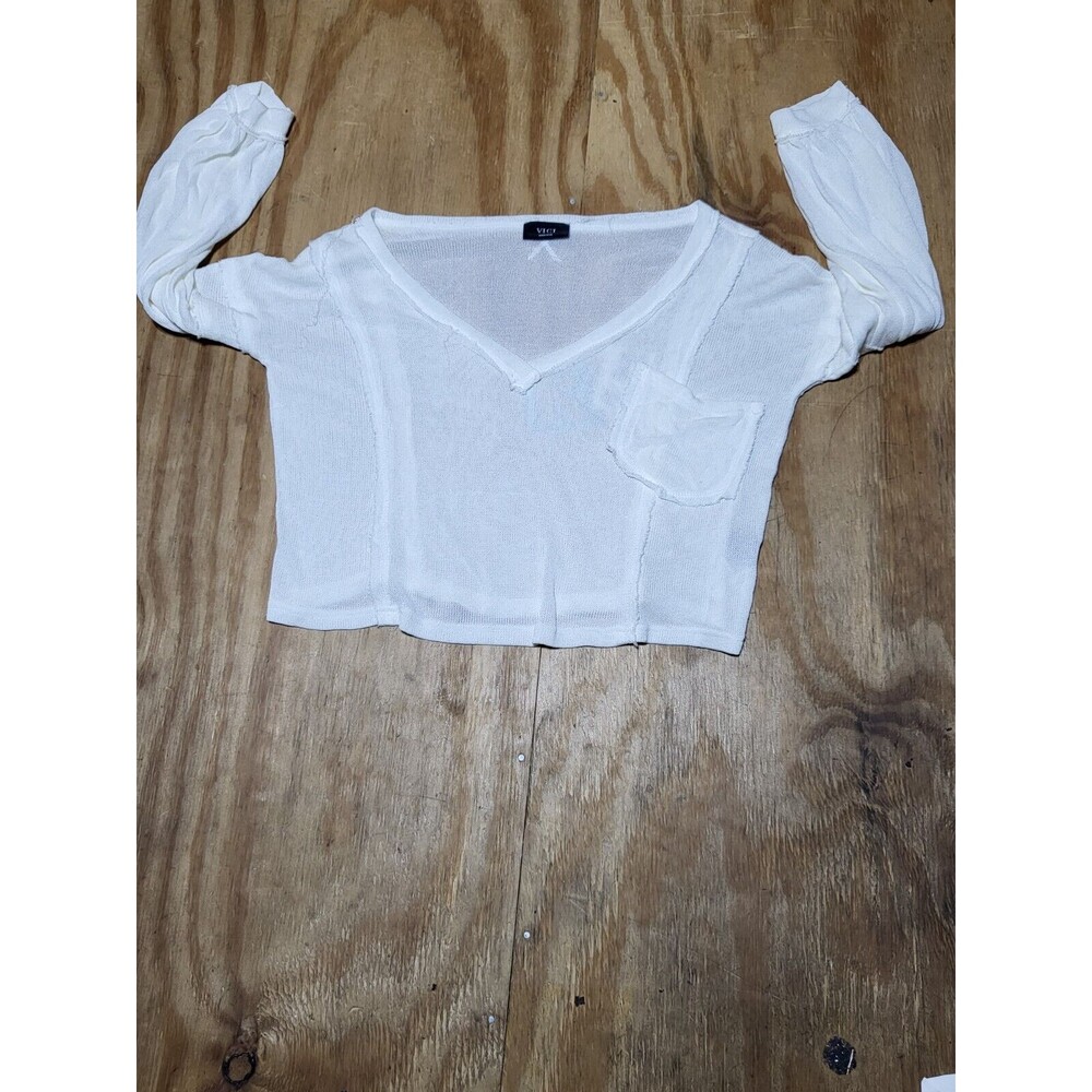 Vici Top Women M White Vneck Pocket Knit Longsleeve @k5